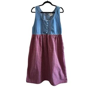 Cottagecore Denim Plaid Dress Jumper Sz Large Erika Country Vtg 80s 90s Hearts